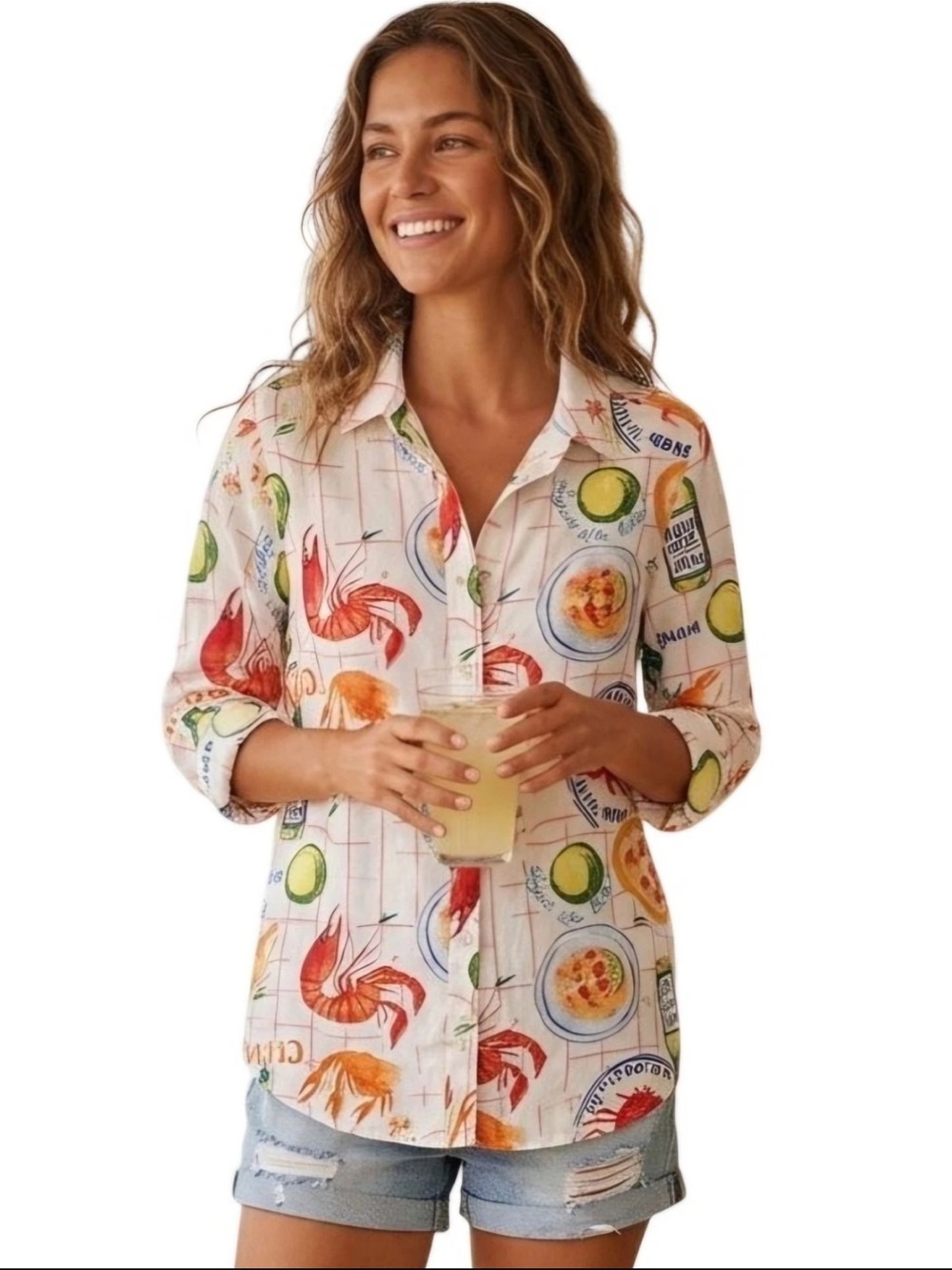 Calypso St. Barth Shrimp Boil Button Down Linen Blend Tunic Shirt
